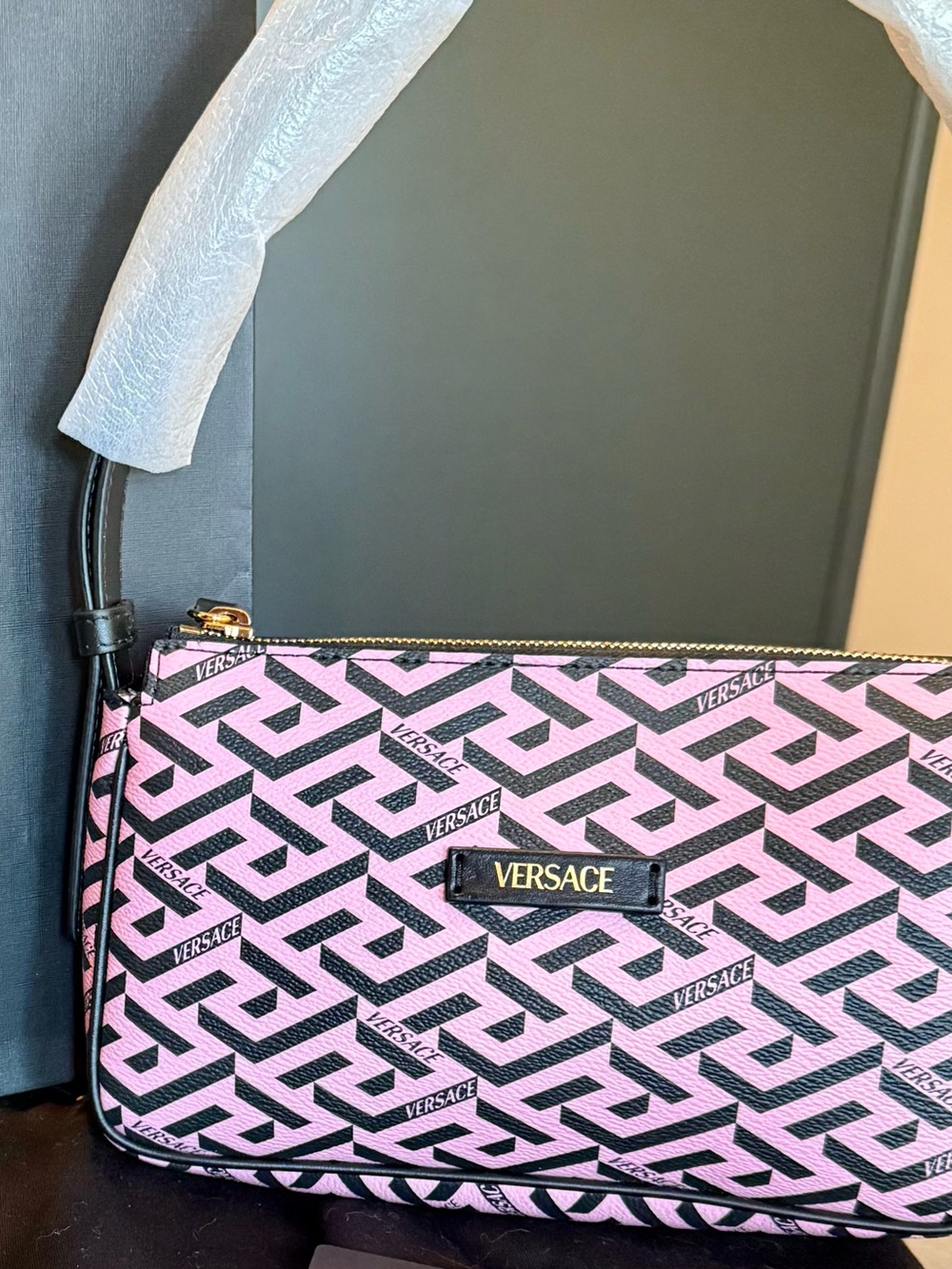 Versace La Greca Signature Shoulder Bag Pink Black Canvas Gold Metal Authentic - Picture 5 of 16